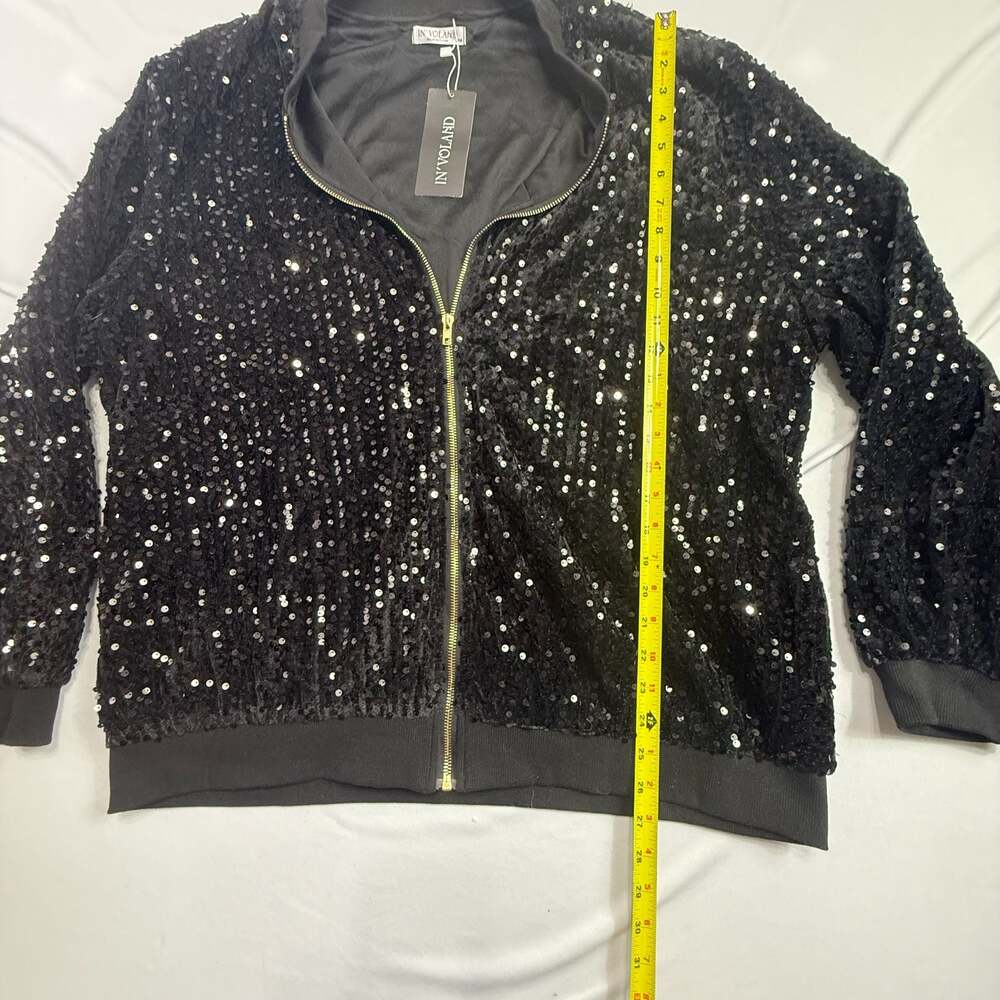 IN'VOLAND Women's Plus Size Sequin Bomber Jacket Black 20W - Picture 3 of 9